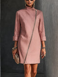 Women's Elegant Dusty Pink Cotton Linen Asymmetric Zip Stand Collar Mini Dress MDZ1718G9GMJ