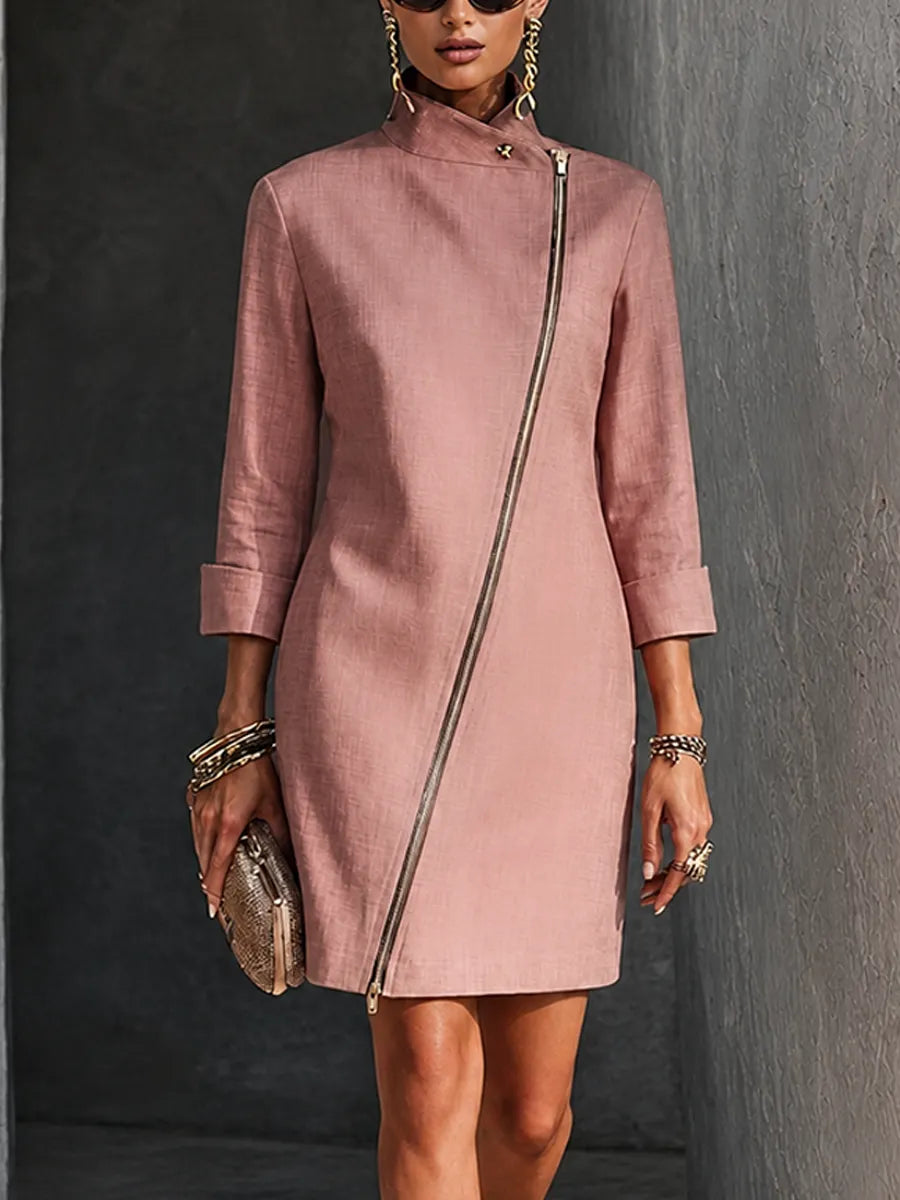 Women's Elegant Dusty Pink Cotton Linen Asymmetric Zip Stand Collar Mini Dress MDZ1718G9GMJ