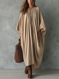 Women's Casual Khaki Woven V-Neck Batwing-Sleeve Maxi Dress MDZ2446G5LXY