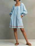 Women's Two-way Wear Design Minimalist Striped Mini Dress Featuring Red-trimmed Lantern Sleeves MDZ3068F5WY