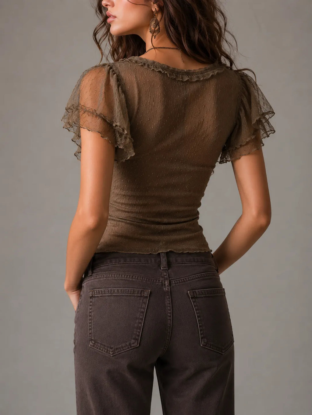 Muted Brown Lace Ruffled V-Neck Top