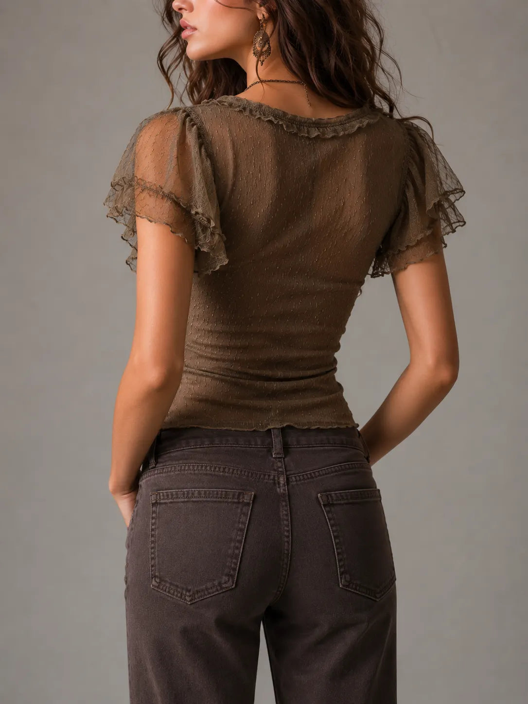 Muted Brown Lace Ruffled V-Neck Top