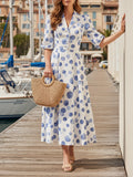 Maxi Linen Dress, Half Sleeve, Shawl Collar, Polka Dots, Button Design, Vintage, White