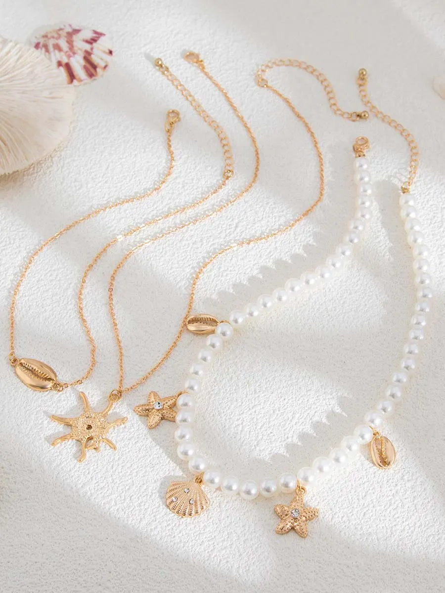 Bohemian Imitation Pearl Holiday Style Retro Starfish Shell Pendant Necklace Set