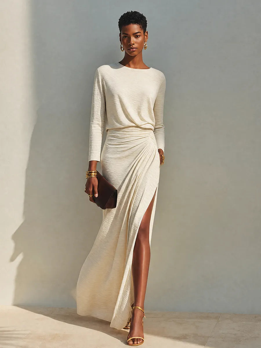 Women's Beige Cotton-Blend Crew-Neck Ruched Slit Maxi Dress MDZ2273G6ZRK