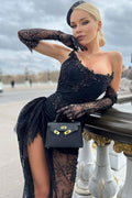 Sparkly Notch Strapless Sheer Glove Lace Corset High Split Formal Maxi Dress - Black