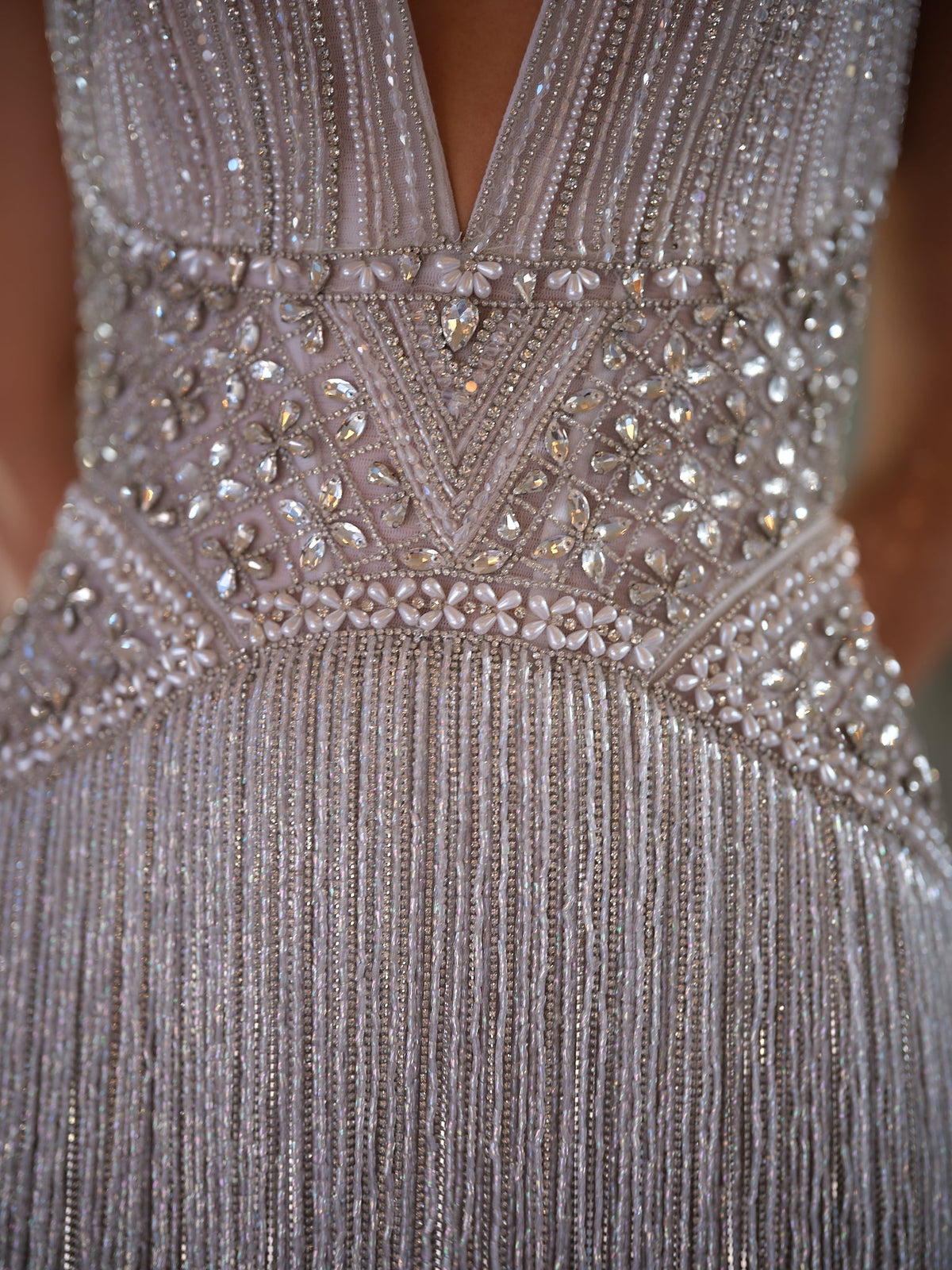 Silver Beaded Halter Mini Dress with Fringe Hem & Deep V Neck