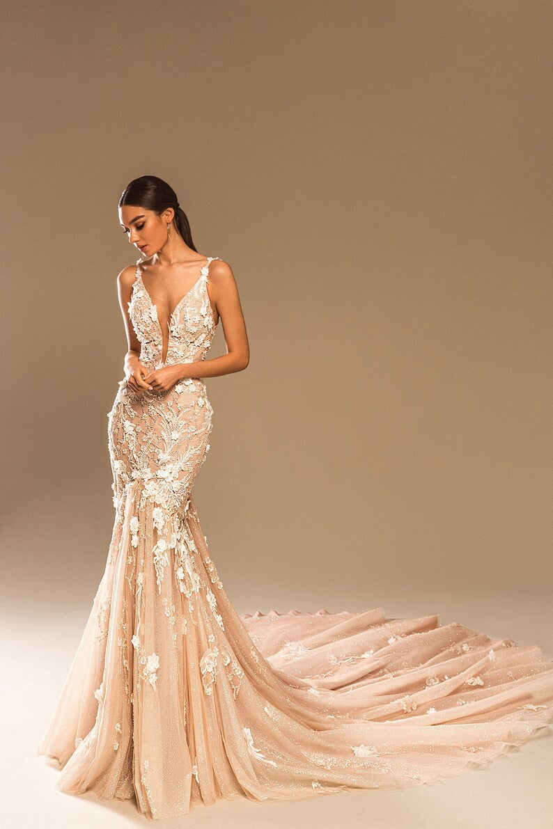 Mermaid Sheath Sleeveless Deep V neckline Brace Open Back 3D Flowers Sequin Glitter Long Cathedral Train Wedding dress Bridal gown