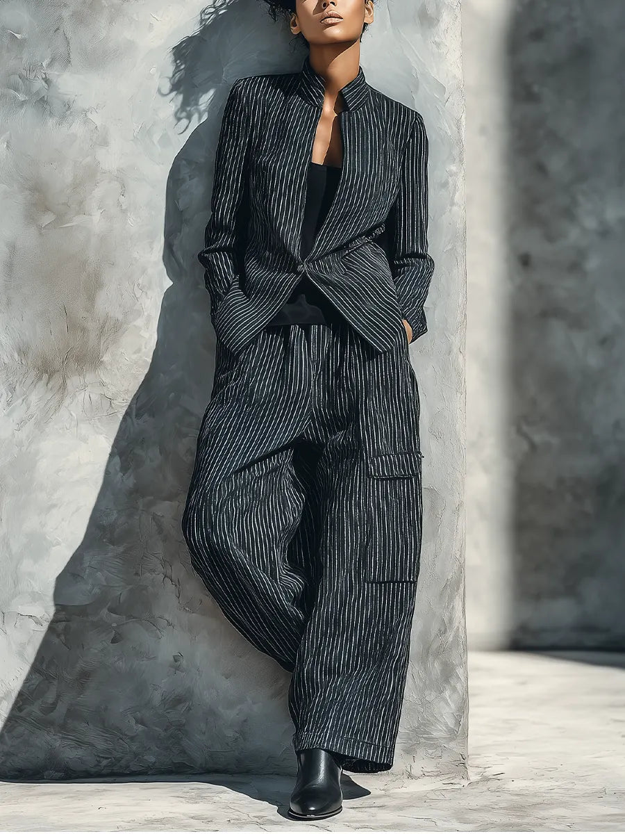 Women's Black White Vertical Stripe Mandarin Collar Single Button Blazer Wide Leg Cargo Pocket Pant Two Piece Suit Set MDZ1548G6YZJ