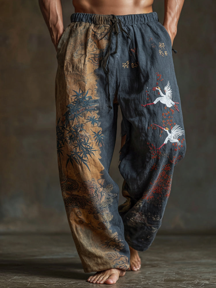 Japanese Art Bamboo Forest Gradient Art Cotton Linen Casual Trousers
