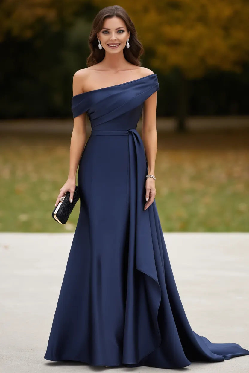 Formal Wedding Guest Dress Navy Off Shoulder Maxi Dress