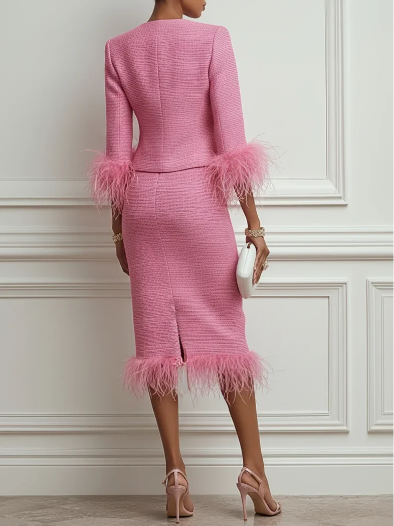 Women Tweed Rose Red Feather-trimmed Buckle Crew Neck Three Quarter Sleeve Dressy Coat With Skirt Two-Piece Set