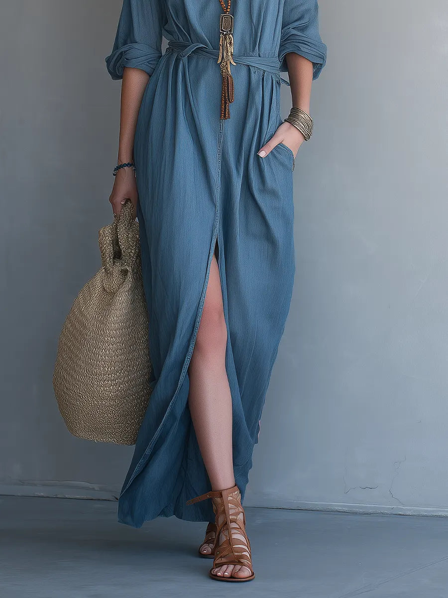 Effortless Resort Blue Button Front Maxi Dress