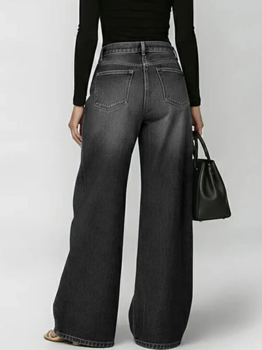 High Waisted Loose Buttoned Geometric Hollow Pockets Split-Joint Jean Pants Bottoms