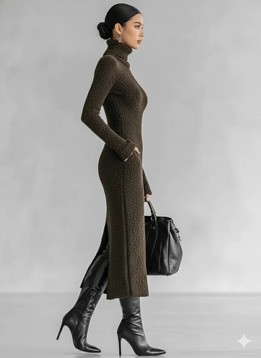 Women's Slim Fit Plush Knitted High Neck Side Slit Midi Dress MDA1401J4Y