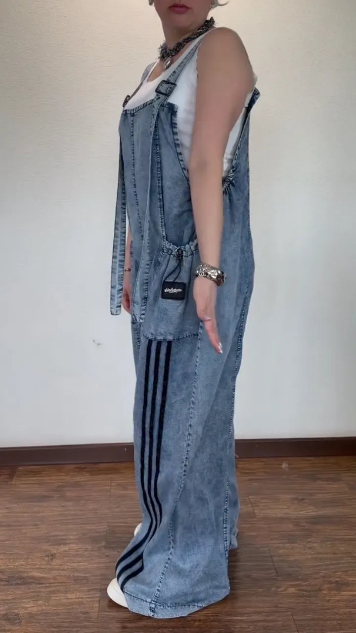 Washed Blue Striped Denim Overalls
