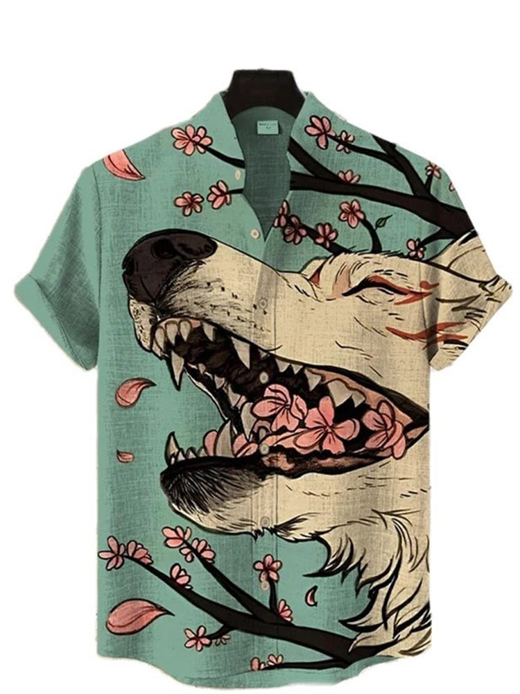 Men's Fox Fairy Cherry Blossom Art Print Casual Short-sleeve Shirt