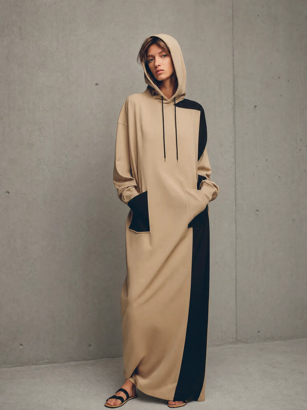 Women's Khaki Black Color Block Knit Drawstring Hooded Long Sleeve Side Pocket Oversized Maxi Sweatshirt Dress MDZ1507G2YZJ