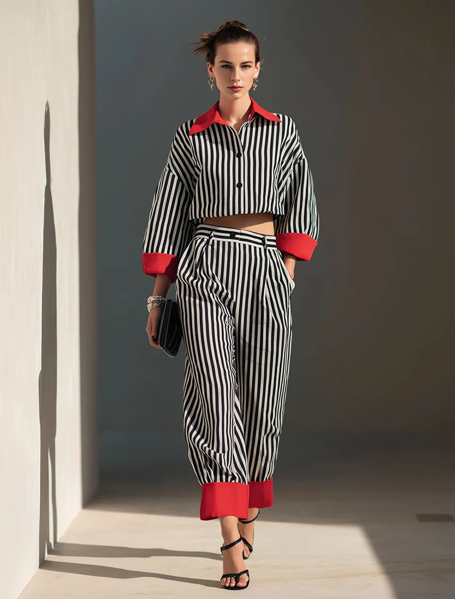 Women's Minimalist Cotton-Linen Blend Color-Block Collar Cropped Shirt & Cuffed Wide-Leg Pants Set MDZ0936G2ZRK