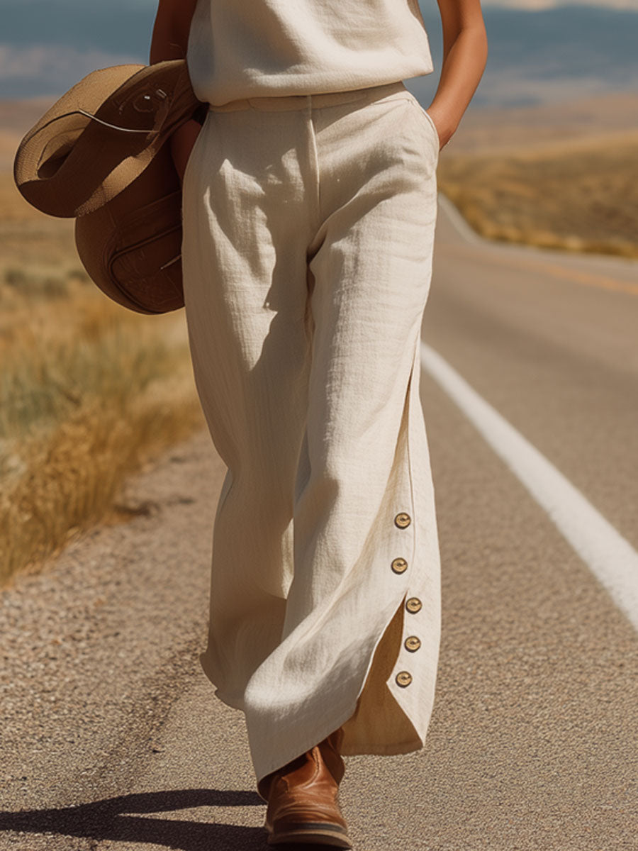 Western Bohemian Retro Apricot Cotton Linen Sleeveless Top And Slit Pants Set