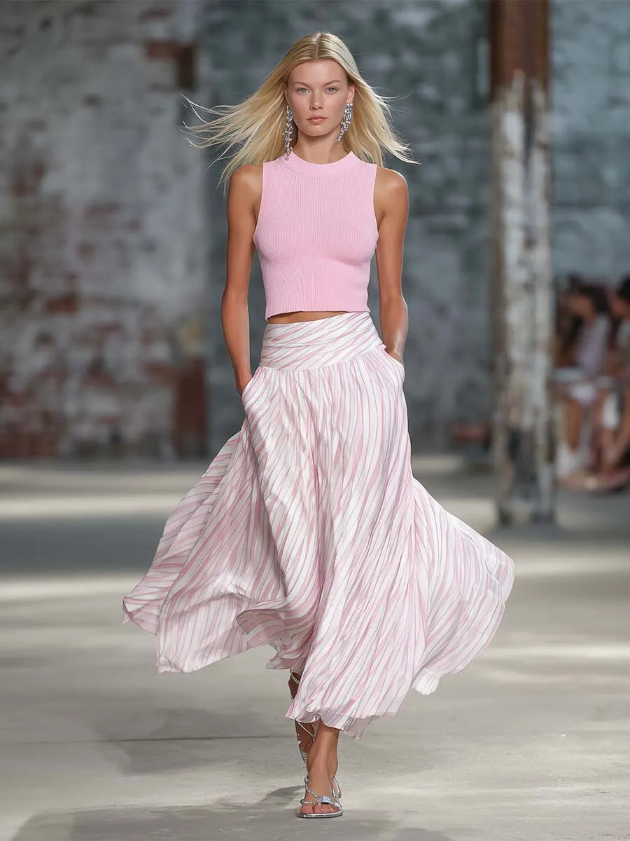 Elegant Retro Flowy Pink Knit Top And Striped Chiffon Skirt Set