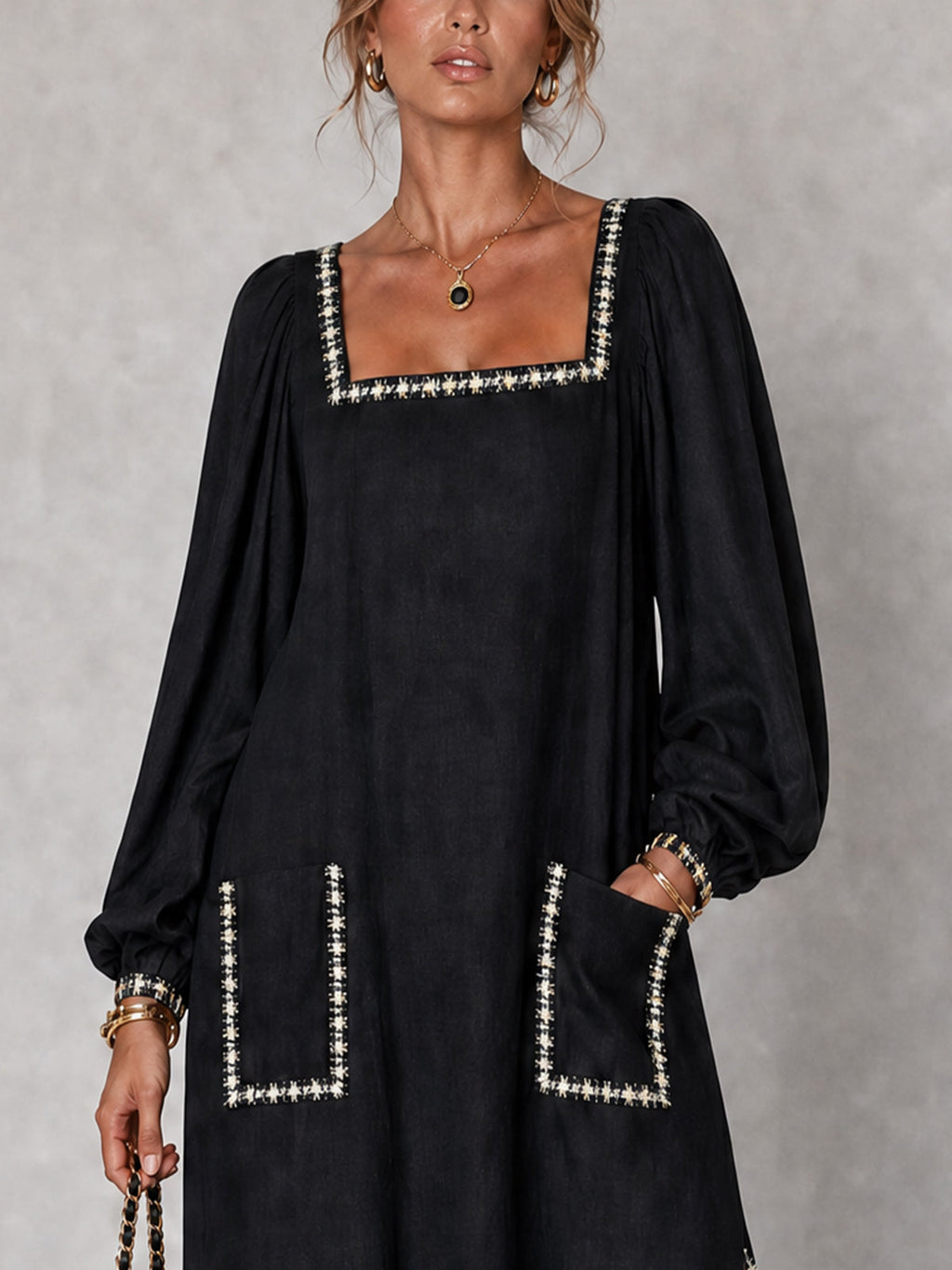 Black Square Neck Trim Pocket Maxi Dress