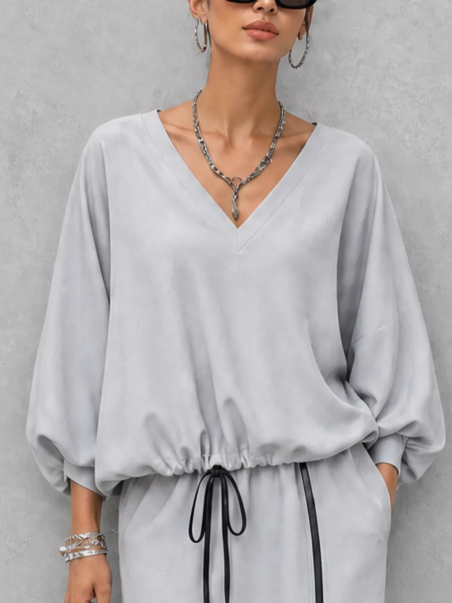 Women's Casual Commuter Light Gray Cotton Blend V-Neck Lantern Sleeve Top And Drawstring Midi Skirt Set MDZ1030G1GMJ