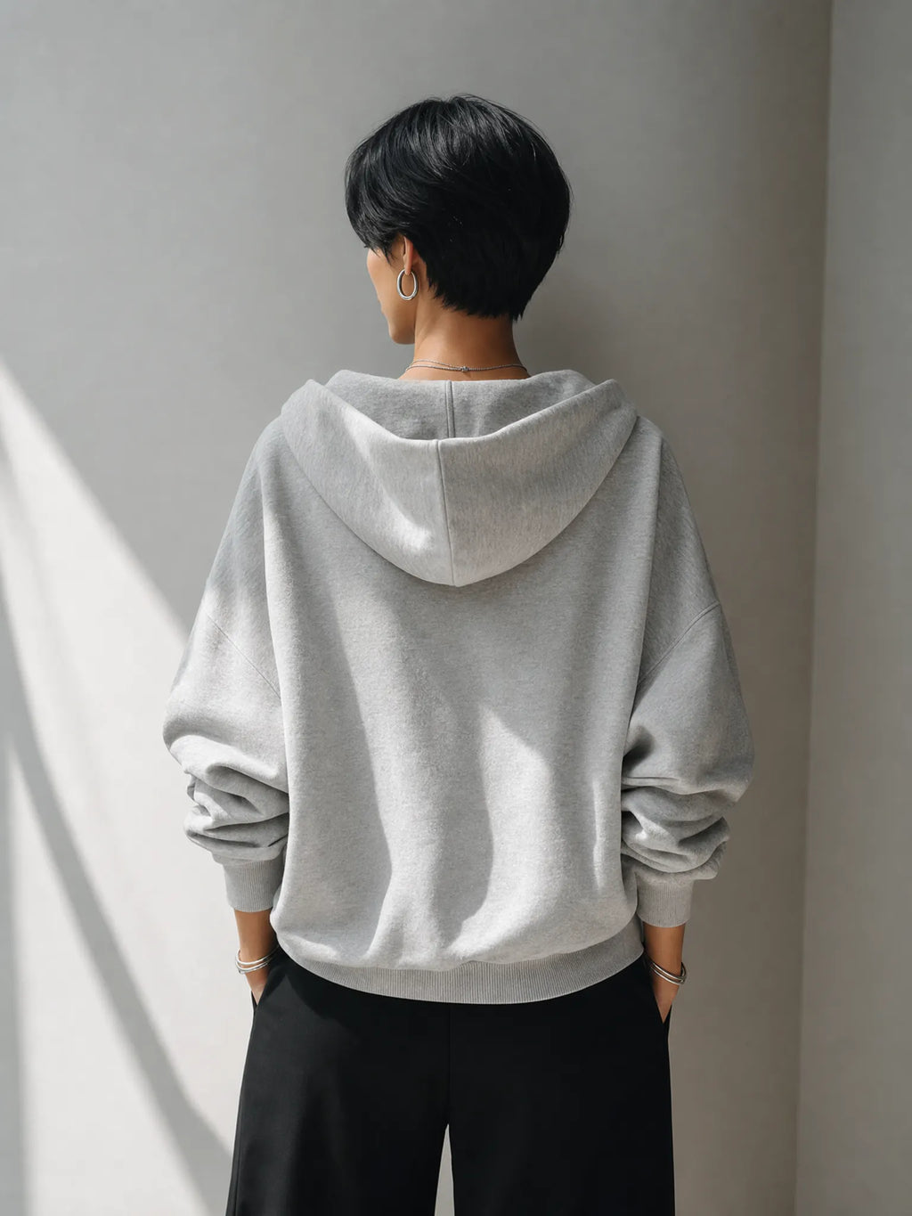 Women's Fashion Oversized Light Gray Zip-Up Hooded Sweatshirt Jacket MDZ1682G7ZRK