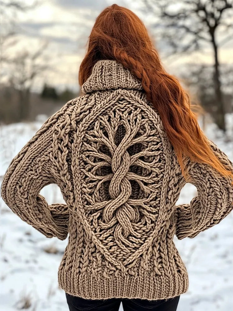 Vintage Viking Tribal Tree Of Life Jacquard Celtic Knit High Neck Hooded Sweater