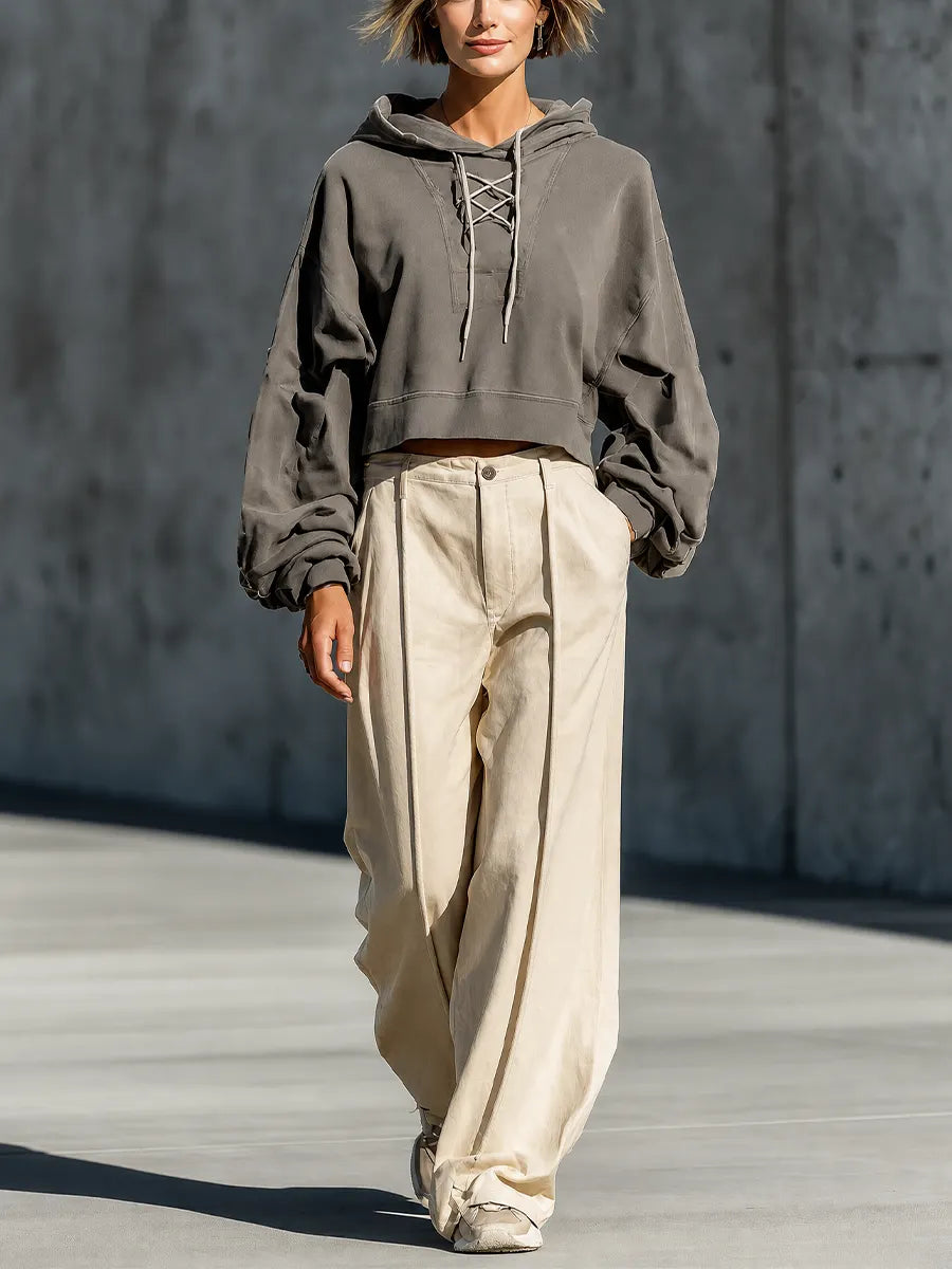 Women's Vintage Gray Crisscross Lace Up Cropped Hoodie Oversized Long Sleeve Top Cream Front Seam Wide Leg Trouser Matching Set MDZ2738G7YZJ