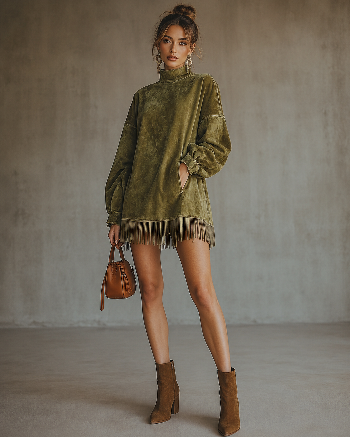 Olive Suede Fringe High-Neck Tunic Dress