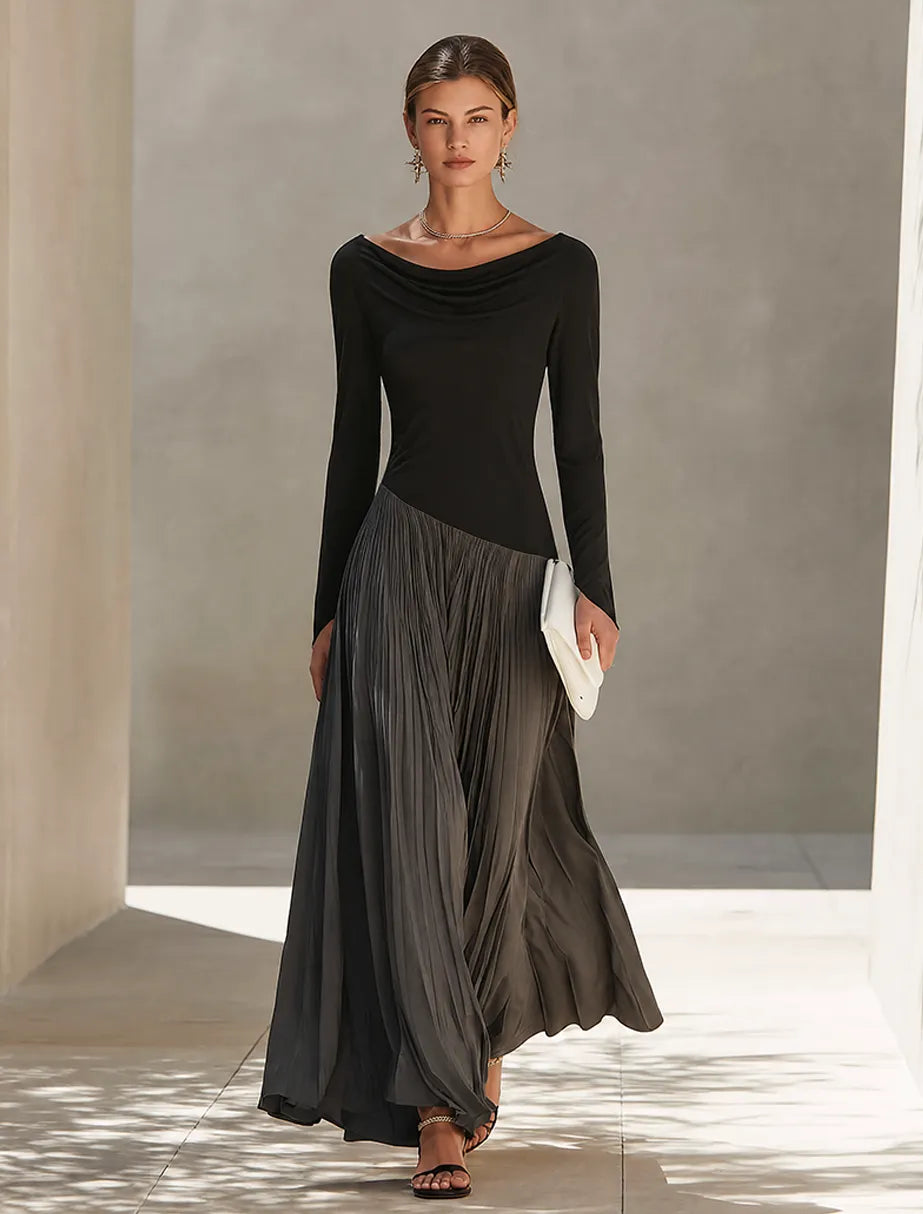 Women's Minimalist Two-Tone Color-Block Maxi Dress With Drape Neckline  MDZ0907G9ZRK