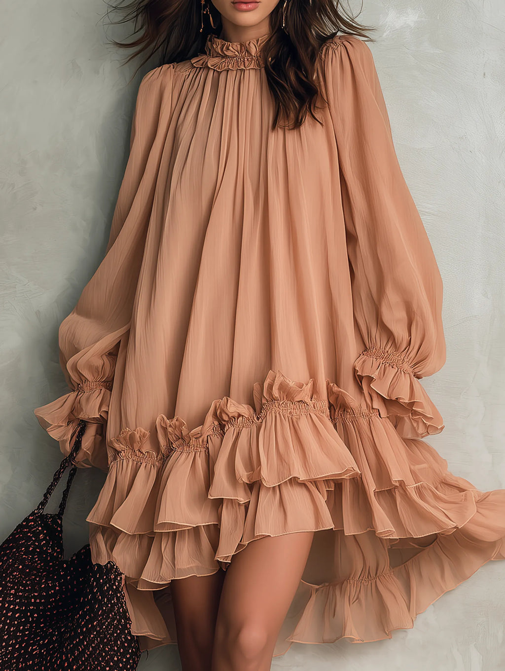 Women's Casual Apricot Chiffon Long-sleeve Mini Dress With A Round Neck MDZ1725G2LXY