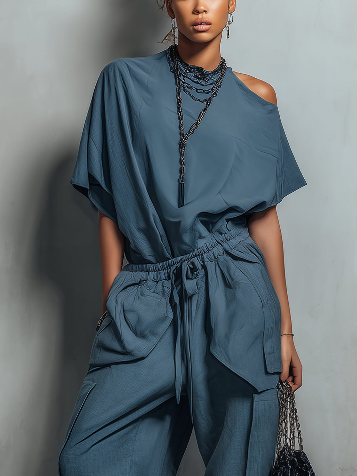 Indigo Asymmetric Drawstring Jumpsuit