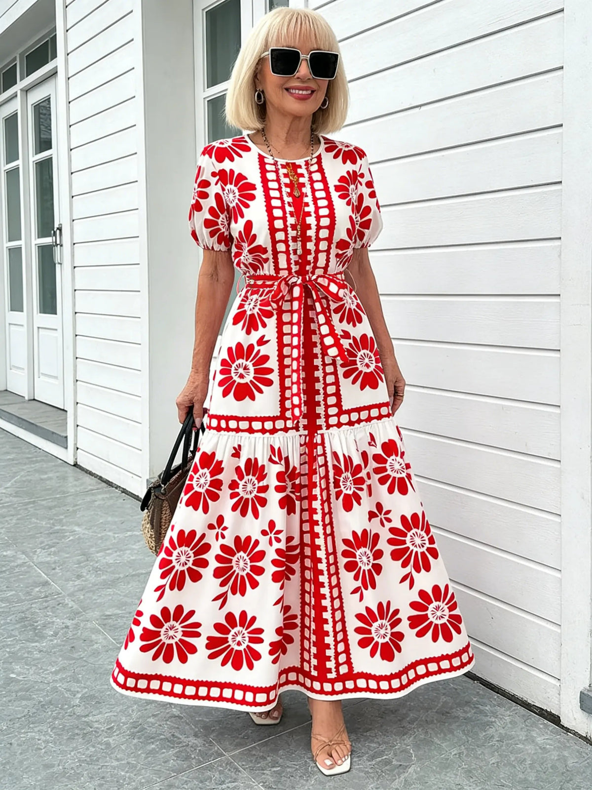 Boho Print Temperament Simple Lace-up Crew Neck Dress Vacation