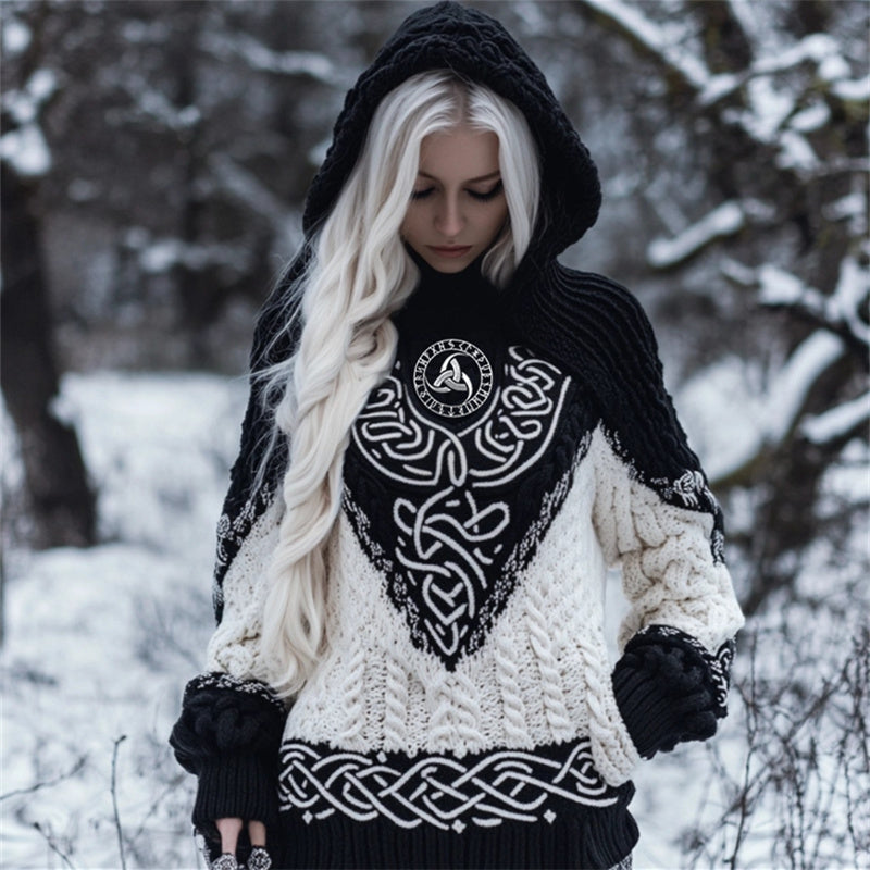 Viking Embroidered Celtic Contrast Color Cozy Chunky Hooded Sweater