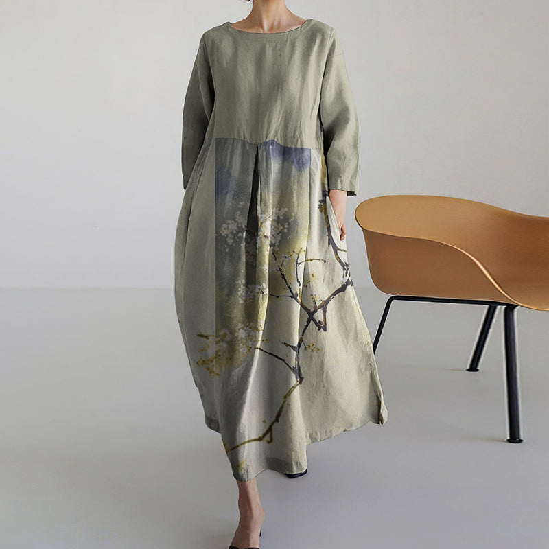 Women Japanese Art Pattern Linen Blend Maxi Dress