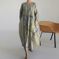 Women Japanese Art Pattern Linen Blend Maxi Dress