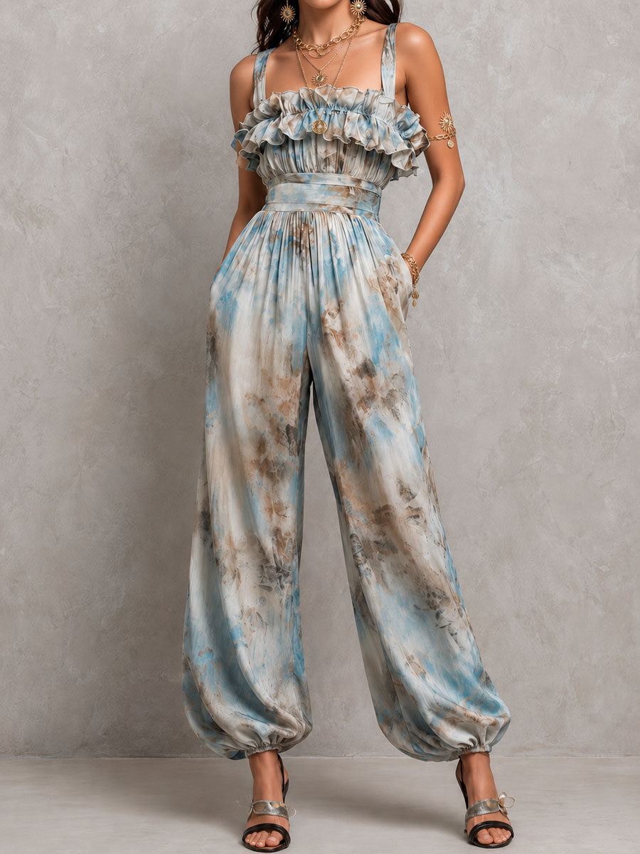 Boho Resort Ruffled Tie-Dye High Waist Balloon Leg Jumpsuit