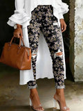 Women's Fashion Ethnic Floral Artistic Print High-waisted Skinny Ripped Casual Jeans