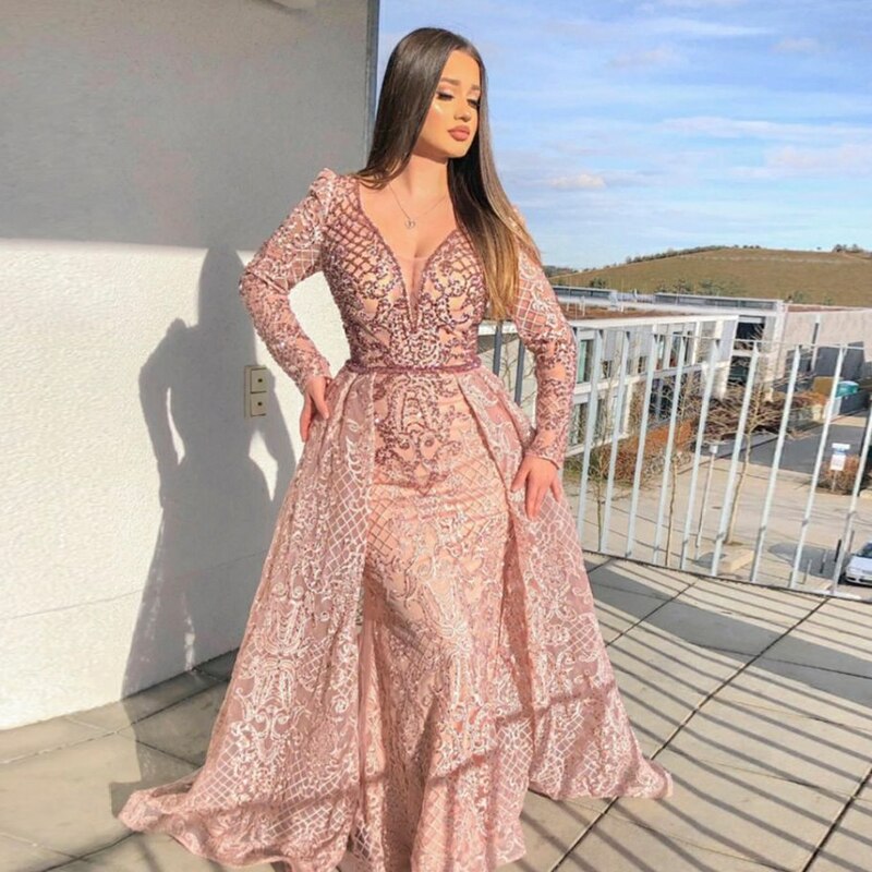 Dreamy Vow Luxury Pink Overskirt Arabic Muslim Dubai Evening Dress for Women Wedding Party Plus Size Blue Formal Gowns 062
