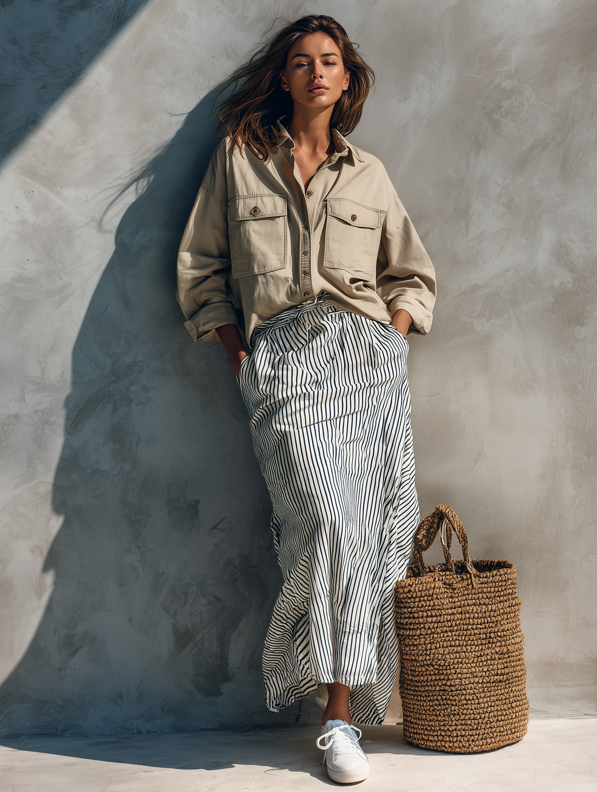 Women's Casual Khaki Long-sleeved Woven Shirt Paired With A Black-and-white Striped Woven Skirt MDZ2458G4LXY