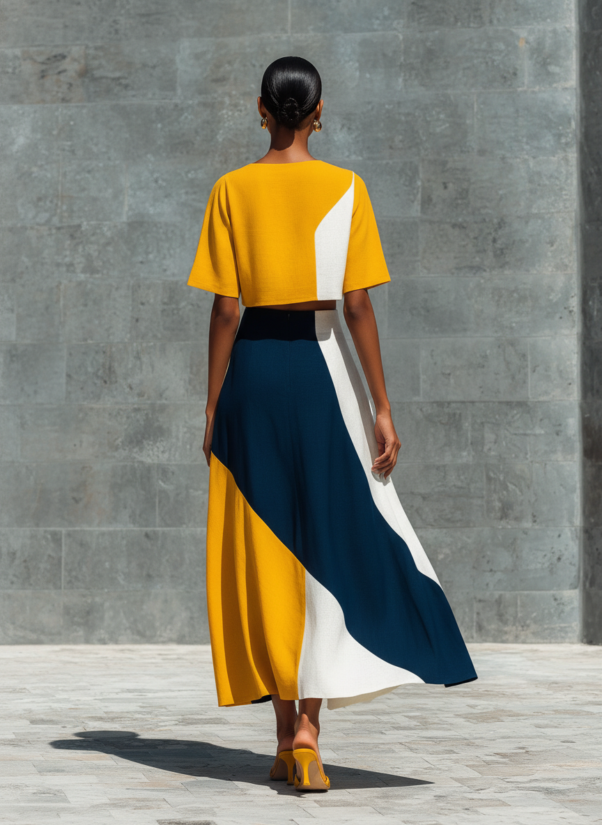 Women’s Color Block Linen Round Neck Puff Sleeve Crop Top & High Waist Asymmetric Color Block Midi Skirt Two-Piece Matching Set MDZ2654F3T