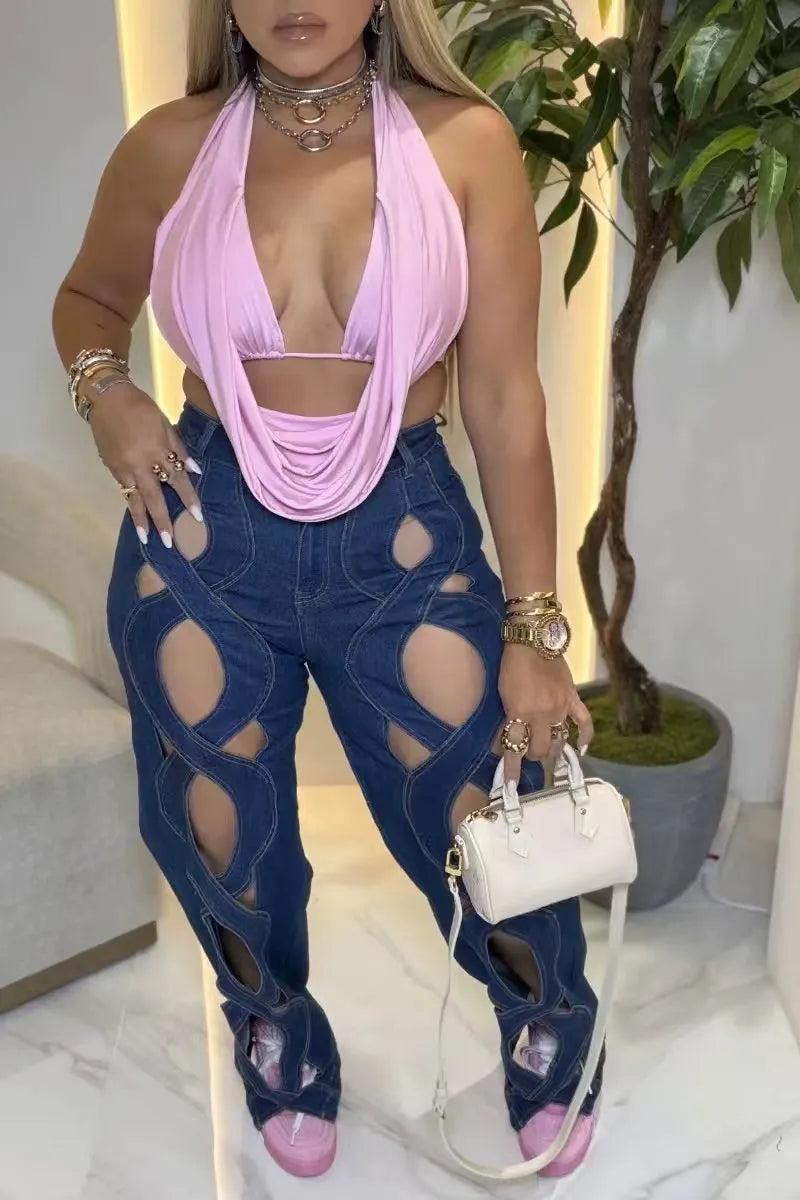Hollow Out Crisscross Cutout High Waist Flare Jeans