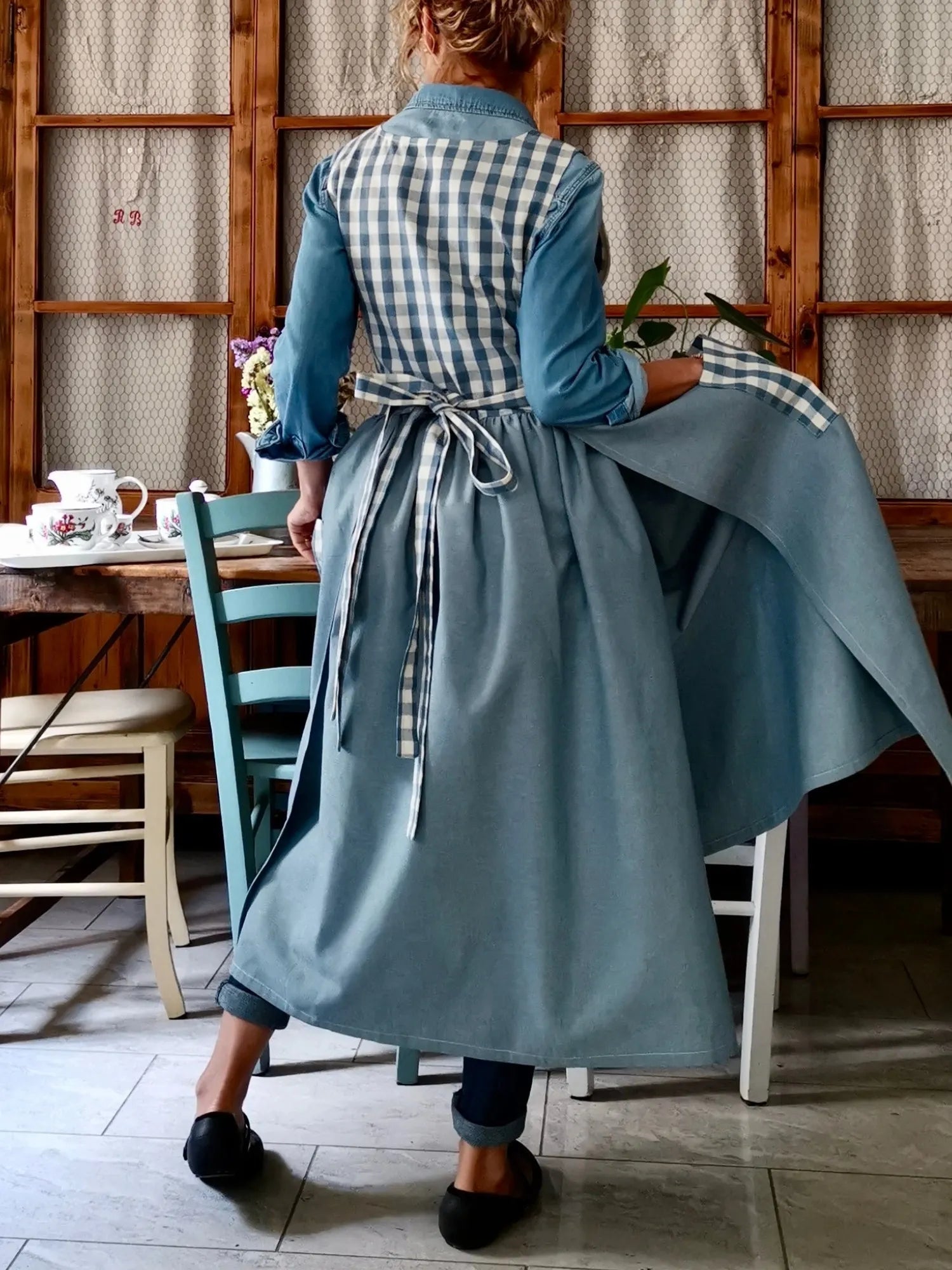 Dusty Blue Patchwork Cotton Apron