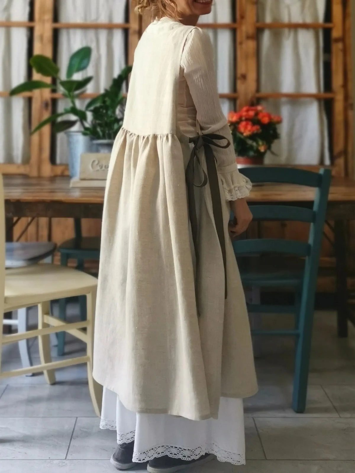 Beige Cotton Apron with Brown Ties