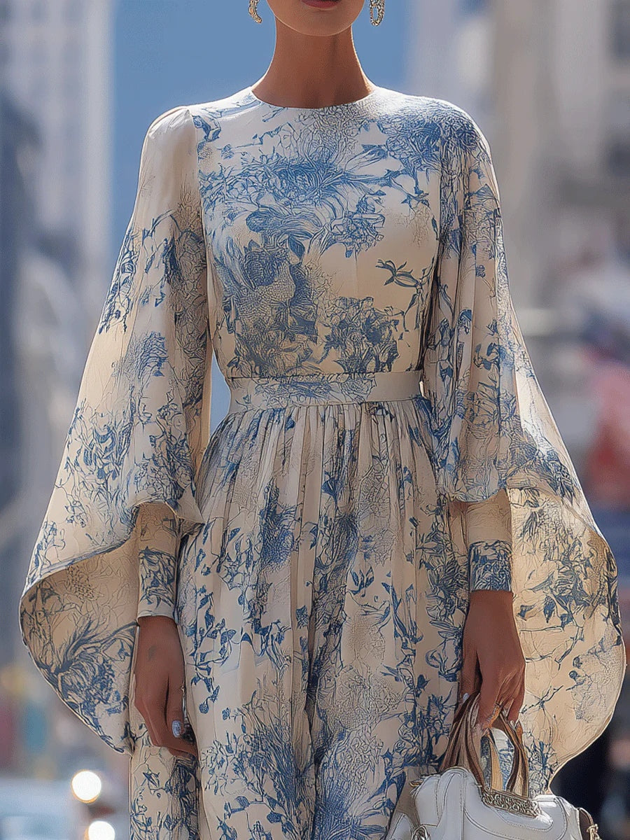 Elegant Blue And White Printed Trumpet Sleeve Maxi Dress