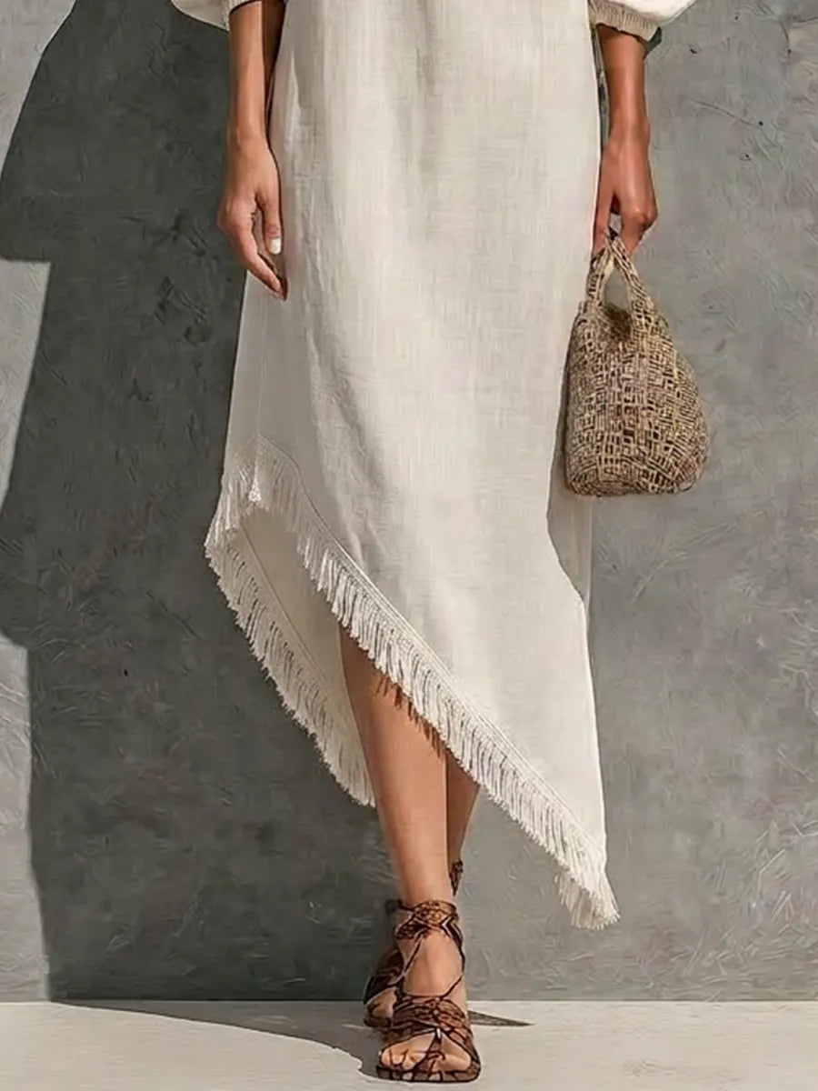 Women’s Off White Cotton-linen Blend Off The Shoulder Elastic Neck Puff Cuffed Sleeve Asymmetrical Fringe Hem Maxi Dress MDZ0777G7YZJ