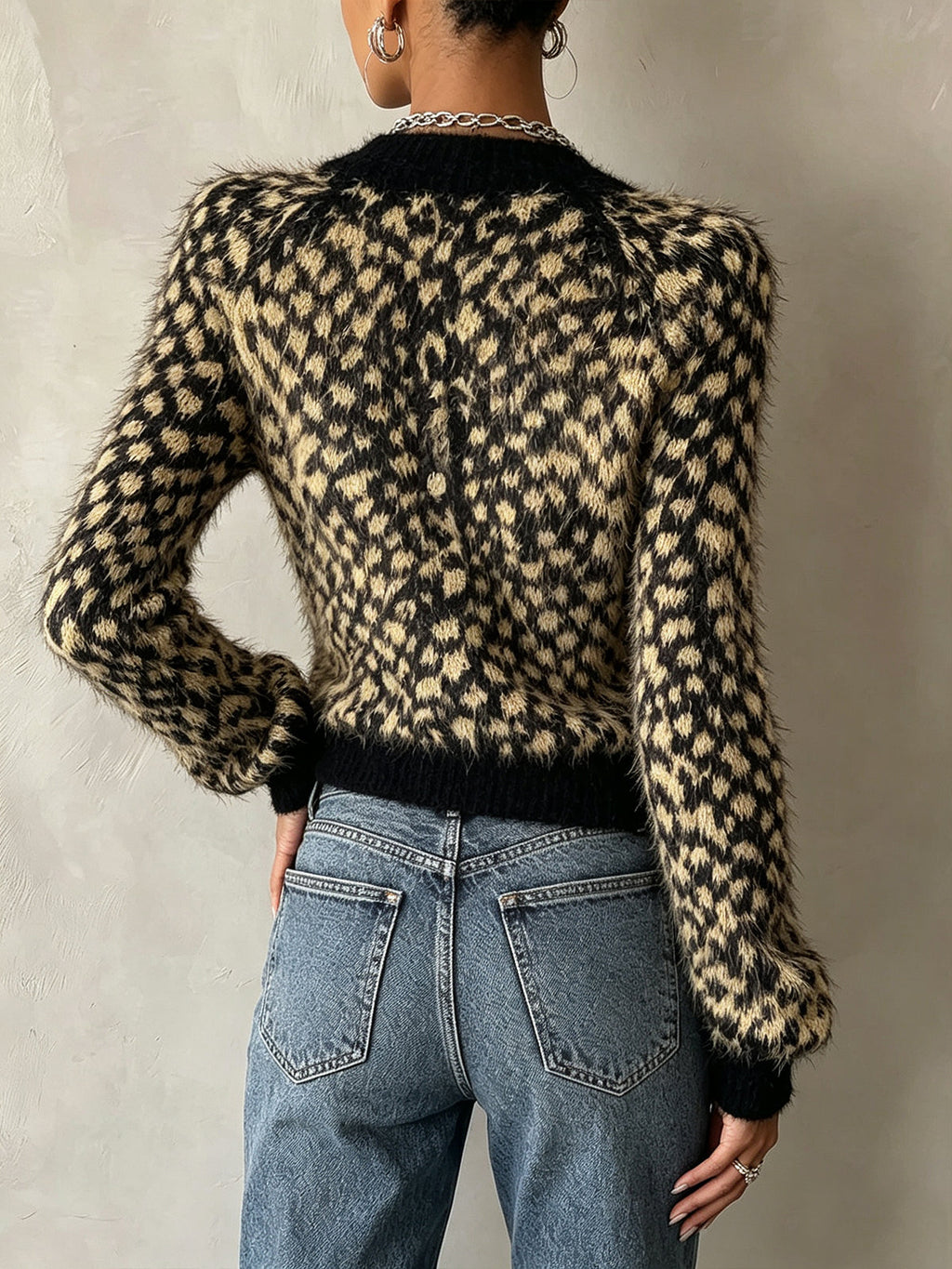 Leopard Fuzzy Button-Front Knit Cardigan