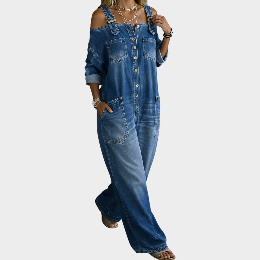 Denim Off-Shoulder Wide-Leg Jumpsuit